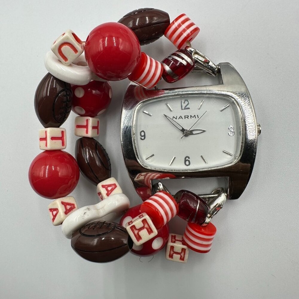Narmi Watch Women Silver Tone Utah Football Bead Stretch Bracelet New Battery